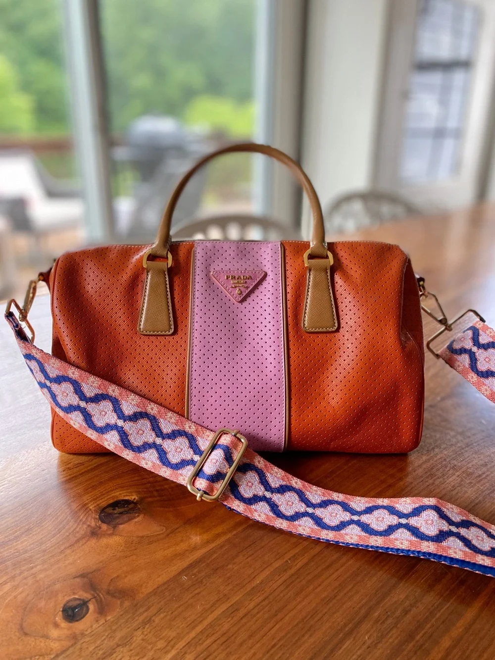 Prada Orange and Pink Perforated Saffiano Leather Boston Bag